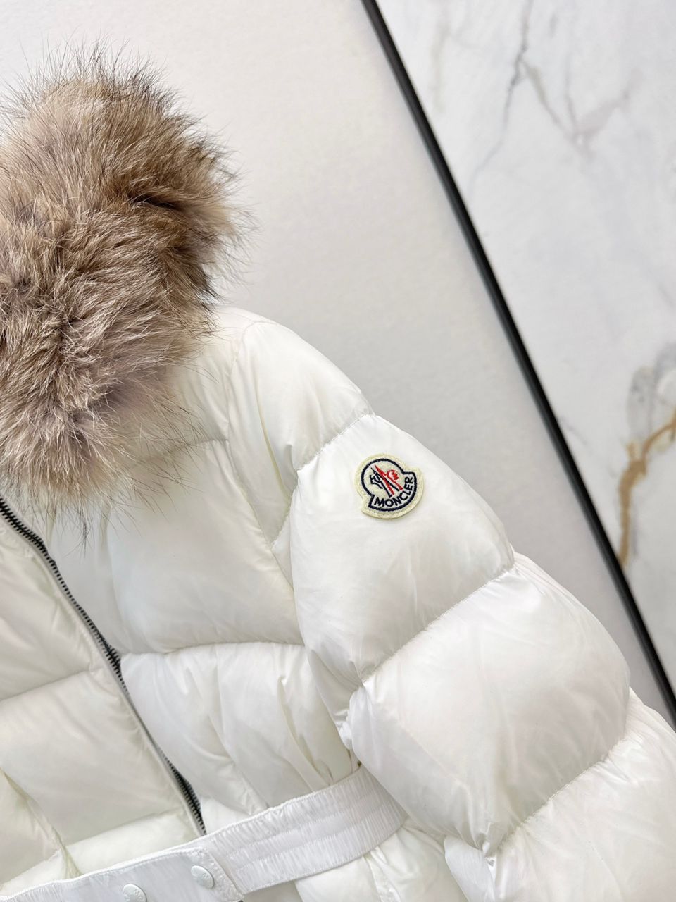 "MC" Belted Puffer Jacket with Real Fur