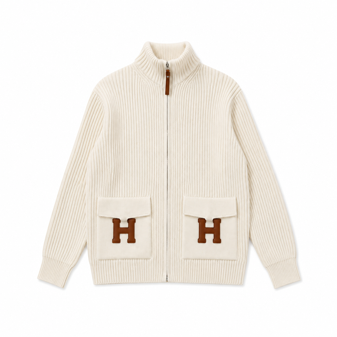 "H" Rib Zip Knit Cardigan