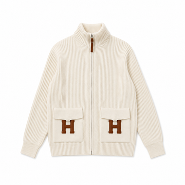 "H" Rib Zip Knit Cardigan