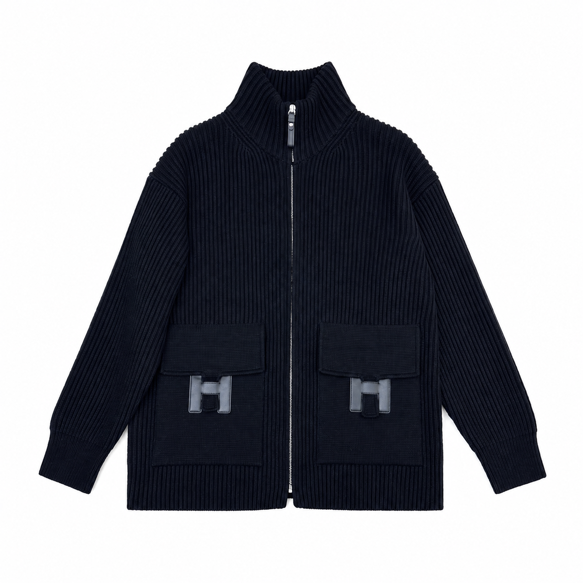 "H" Rib Zip Knit Cardigan