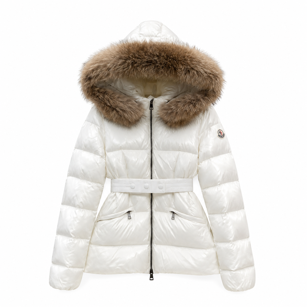 "MC" Belted Puffer Jacket with Real Fur