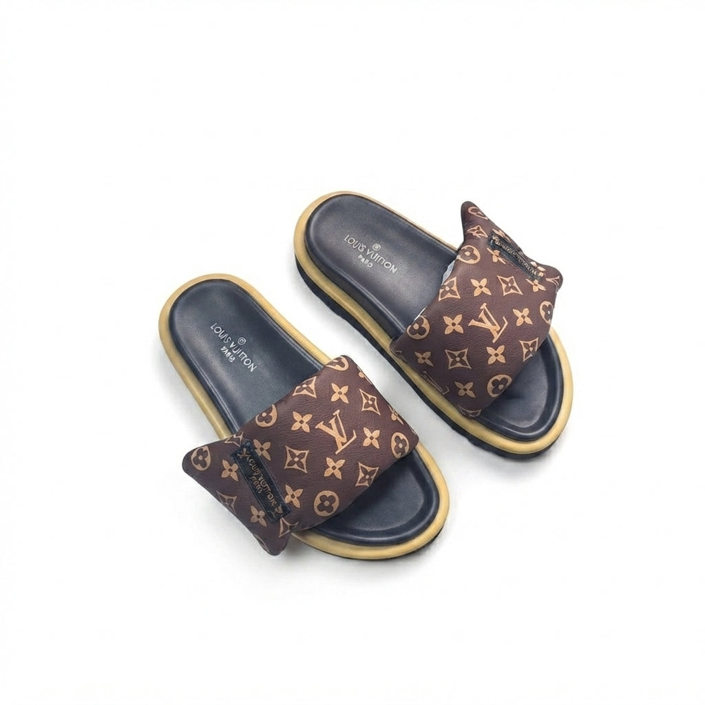 „LV“ Puffy Slides – Braun/Gold