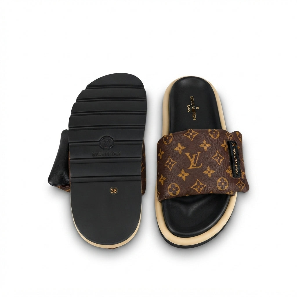 „LV“ Puffy Slides – Braun/Gold